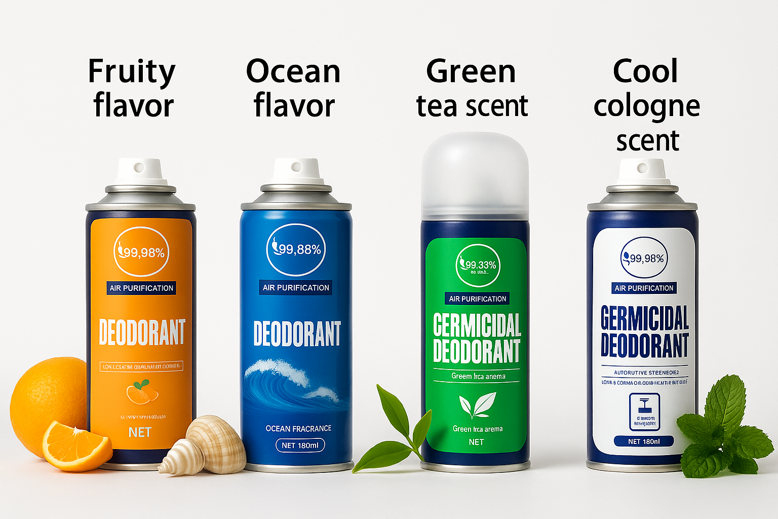 Realistische productfoto's van alle 4 deodorant sprays